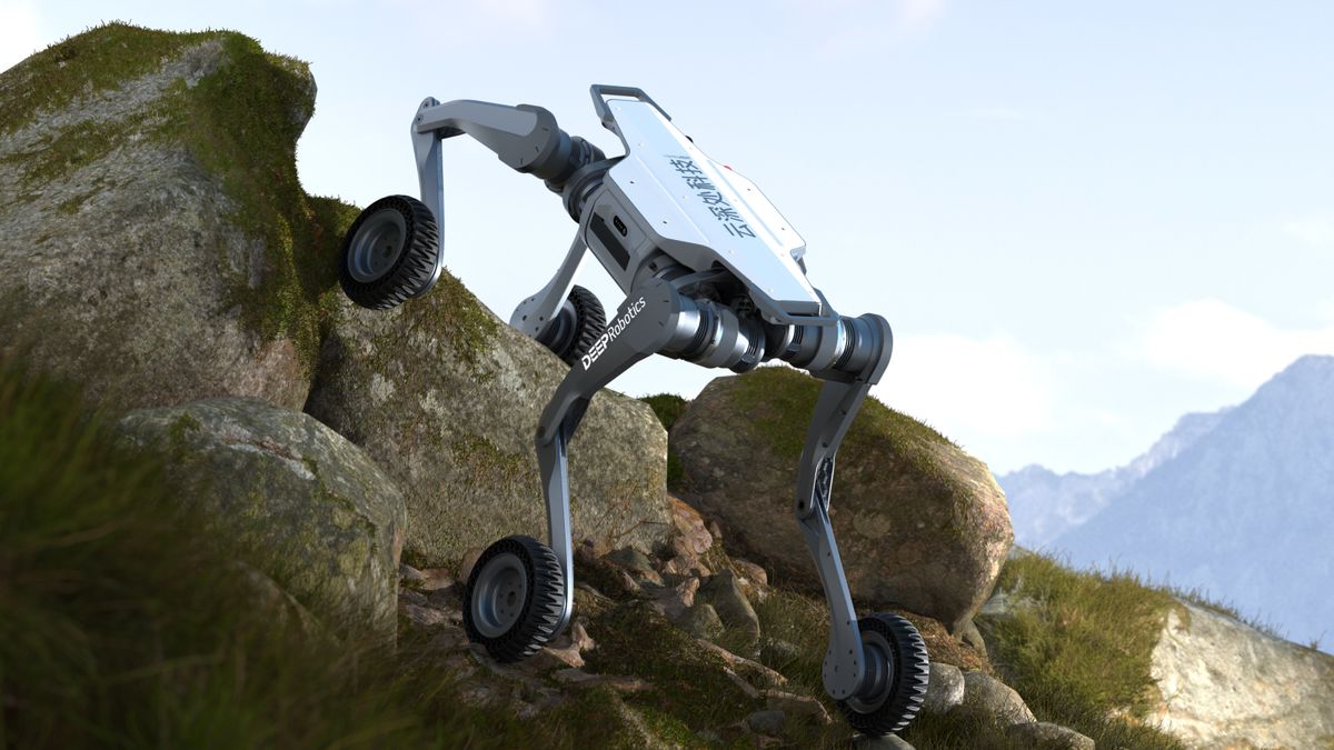 Watch Chinese security robot with wheels for feet scramble down